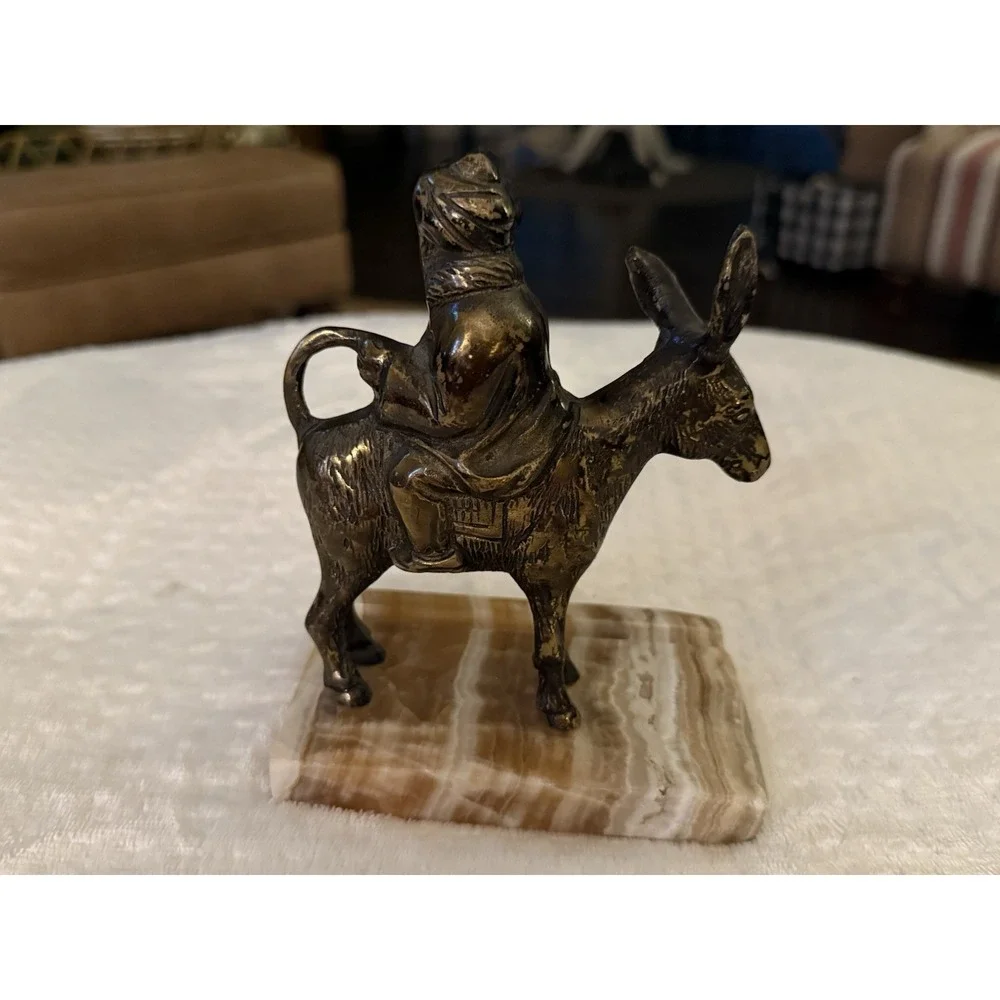 Vtg Brass Casting Nasreddin Hodja Riding Donkey Backwards Card Pen Holder Marble